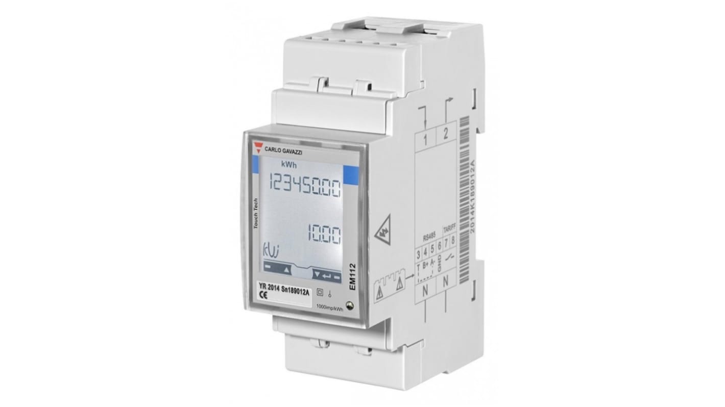 Contatore di energia monofase Carlo Gavazzi EM112DINAV01XM1PFB, display LCD 8 cifre, montaggio su guida DIN, precisione 0,5%.