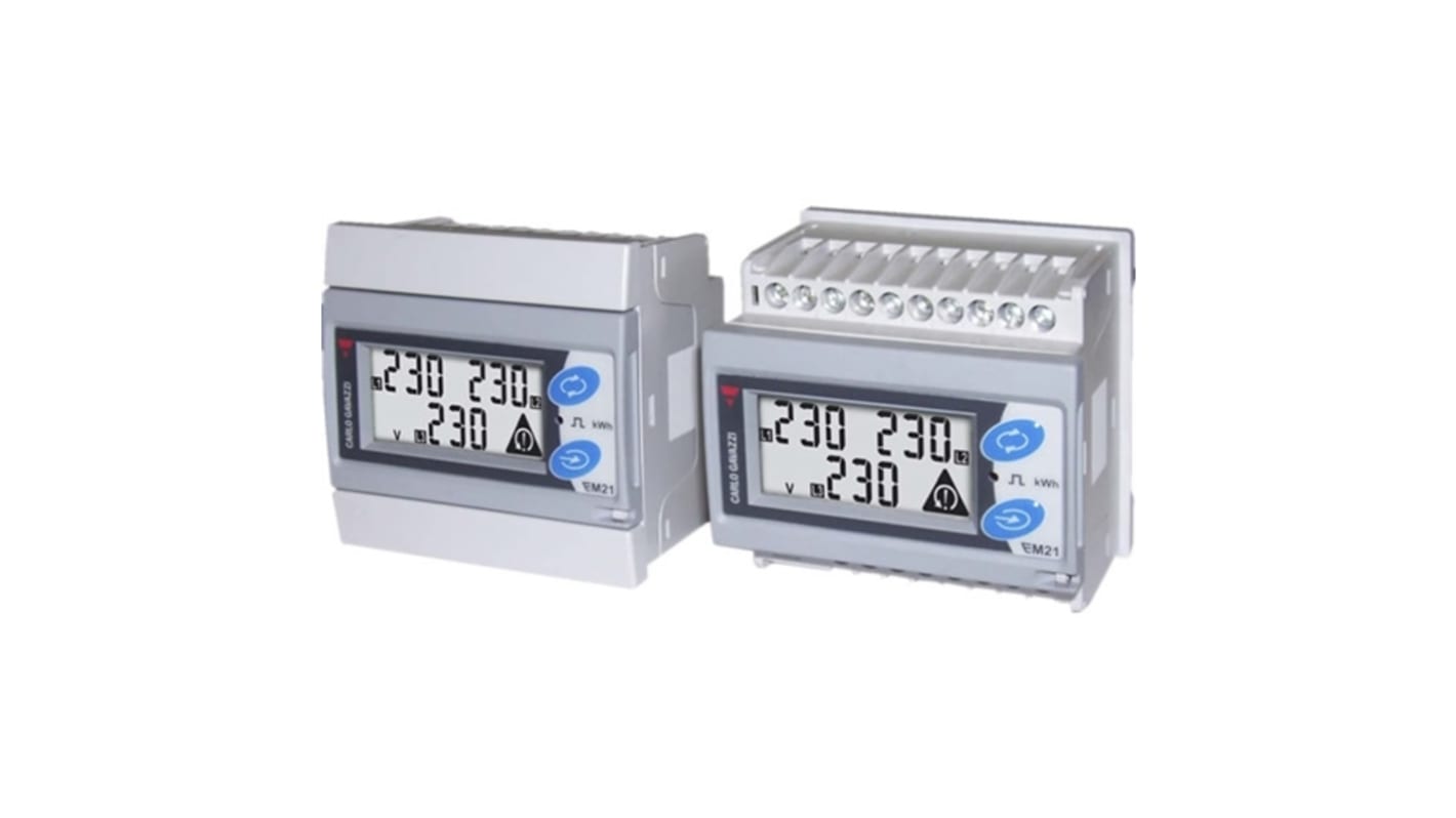 Contatore di energia trifase Carlo Gavazzi EM21072DAV53HOSPFBD, montaggio su guida DIN, display LCD 7 cifre, dimensioni 72mm x 72mm.