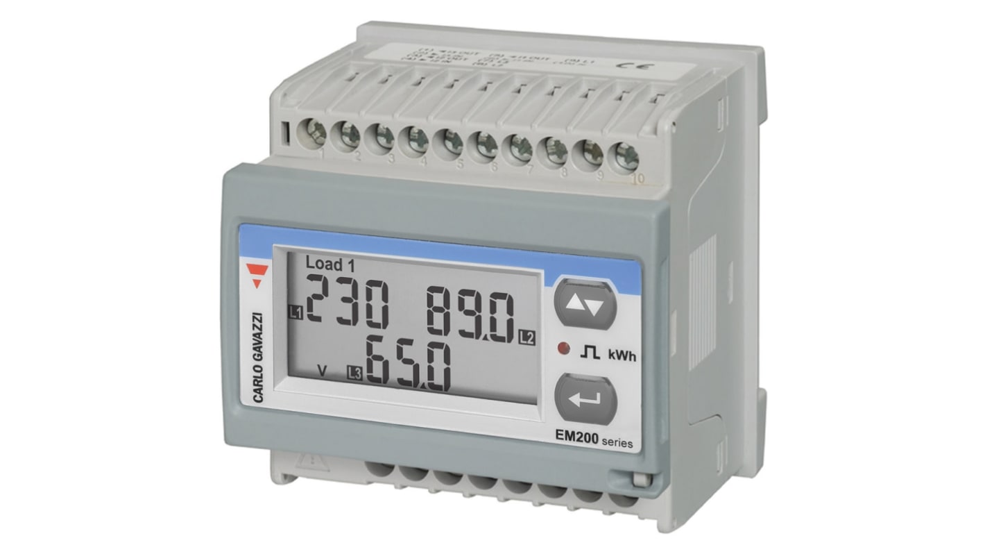 Contatore di energia trifase Carlo Gavazzi EM21072DMV53XOXX, display LCD 7 cifre, montaggio su guida DIN, IP40.