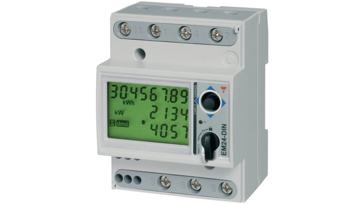 Contatore di energia monofase Carlo Gavazzi EM24DINAV21XW1EPFB, montaggio su guida DIN, display LCD, dimensioni 71.6mm x 90mm.