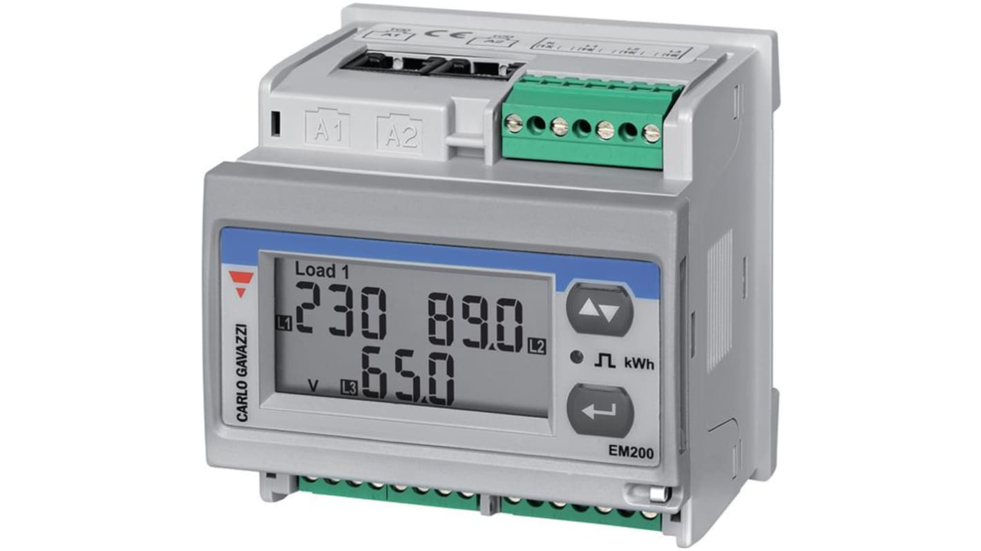 Contatore di energia trifase Carlo Gavazzi EM27172DMV53XOSX, installabile su pannelli, display LCD 7 cifre, dimensioni 72mm x 72mm.