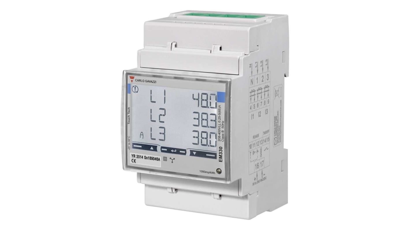 Carlo Gavazzi EM330DINAV53HM1PFB, contatore di energia trifase con display LCD, montaggio su guida DIN, precisione 0,5% RDG.