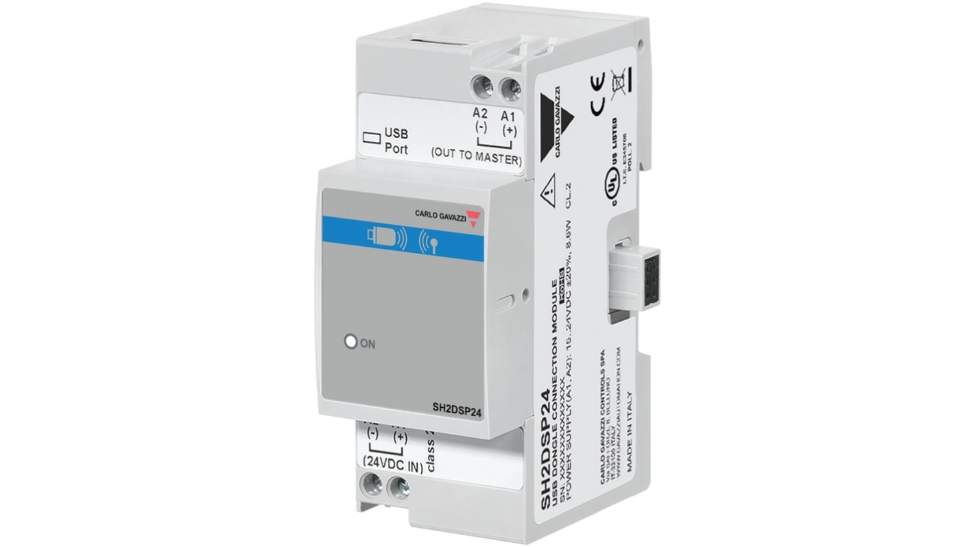 Adattatore Carlo Gavazzi SH2DSP24 per modulo dongle USB, configurazione plug and play, funzioni watchdog integrate.