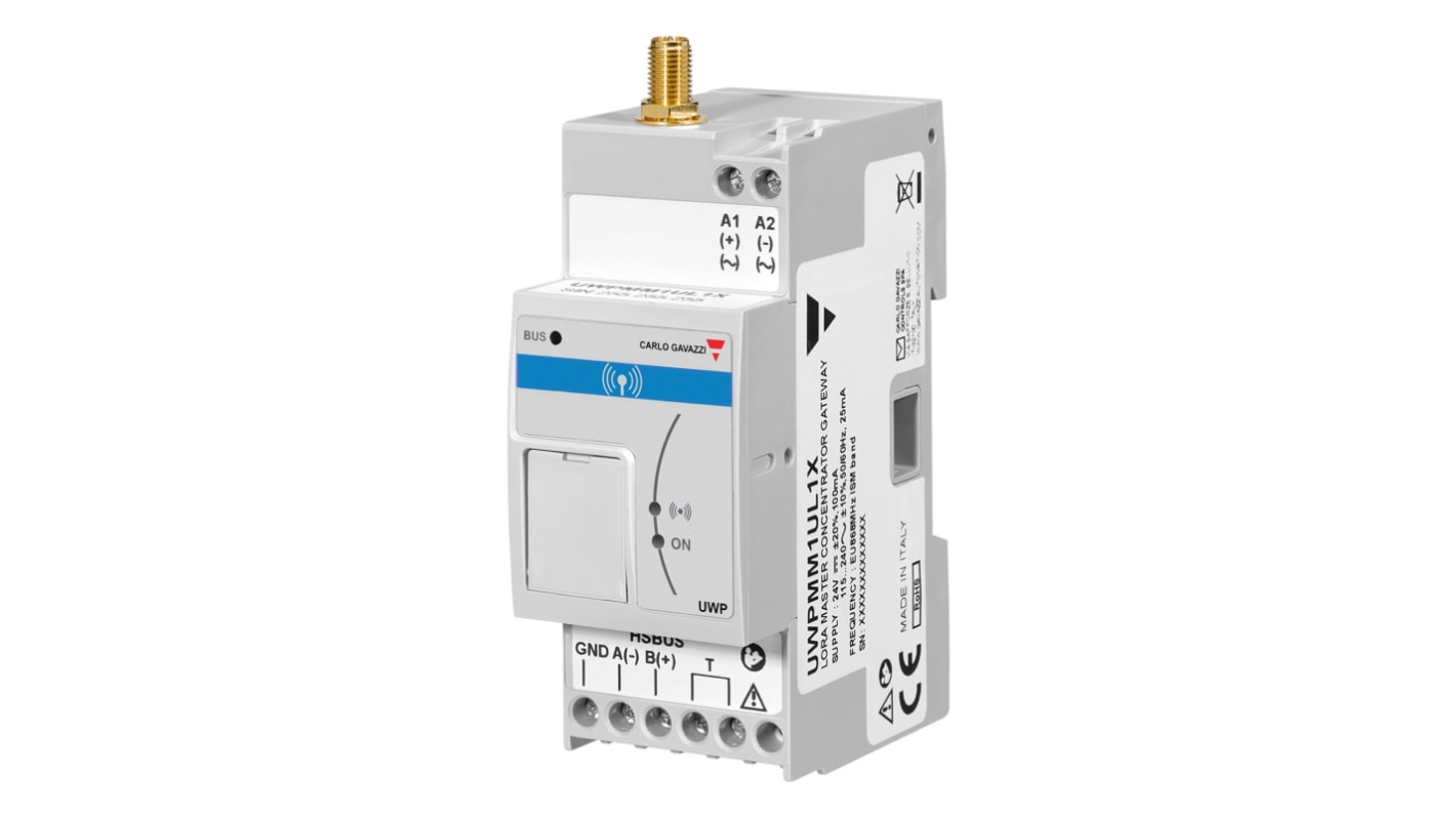 Gateway master wireless Carlo Gavazzi UWPMM1UL1X per contatori di energia, ideale per monitoraggio in edifici e aree urbane.