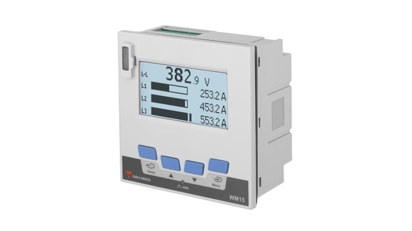 Contatore di energia Carlo Gavazzi WM1596AV53XOSPFB, 3 fasi, display LCD, installabile in quadri elettrici, foro 96mm x 96mm.