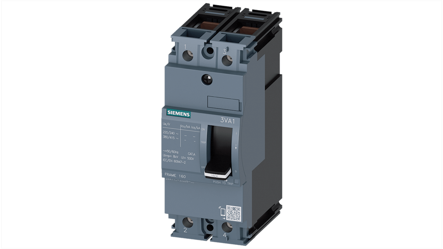 Interruttore magnetotermico Siemens 2P 160A, design compatto, montaggio su guida DIN, per applicazioni AC e DC.