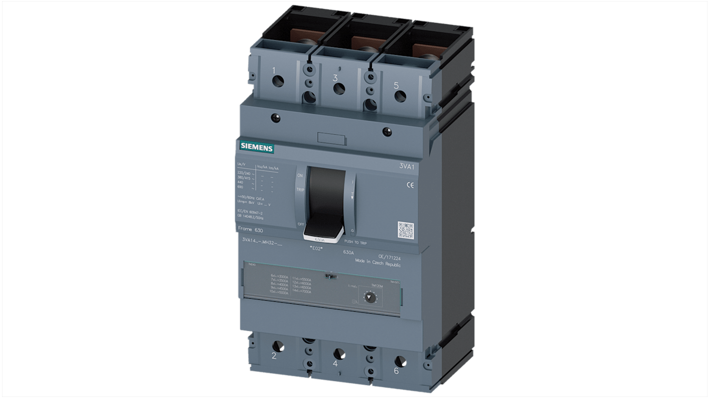 Interruttore magnetotermico Siemens 3P 500A, design compatto, montaggio su guida DIN, applicabile in AC e DC.