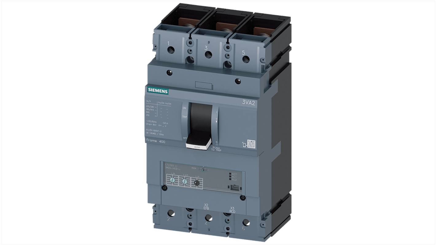 Interruttore magnetotermico Siemens 3P 400A, design compatto per montaggio su guida DIN, con tecnologia plug-in e unità di viaggio elettroniche.