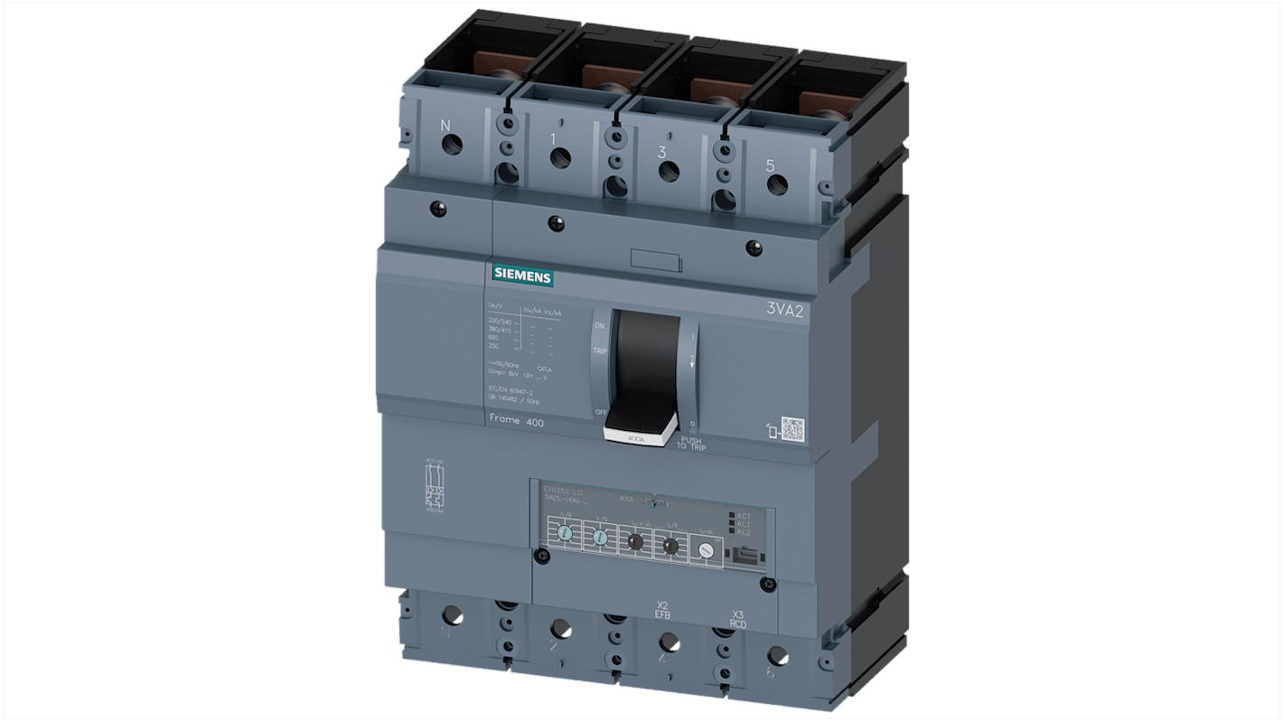 Interruttore automatico Siemens 3VA2340-5HN42-0AA0 4P 400A - Protezione affidabile per linee e motori, design compatto e tecnologia avanzata.