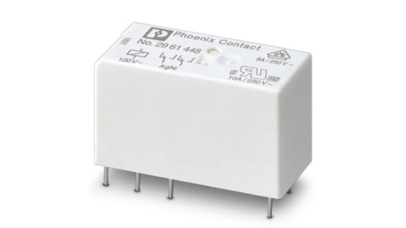 Relè monostabile miniaturizzato Phoenix Contact 2961448 con bobina 120V cc e contatti di potenza per applicazioni industriali.