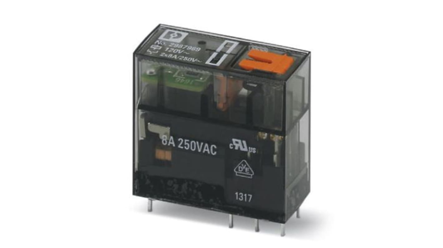 Relè monostabile miniaturizzato Phoenix Contact 2987969 con coil 120V ca, 2 contatti di scambio, LED di stato e pulsante di prova. Ideale per applicazioni su guida DIN.