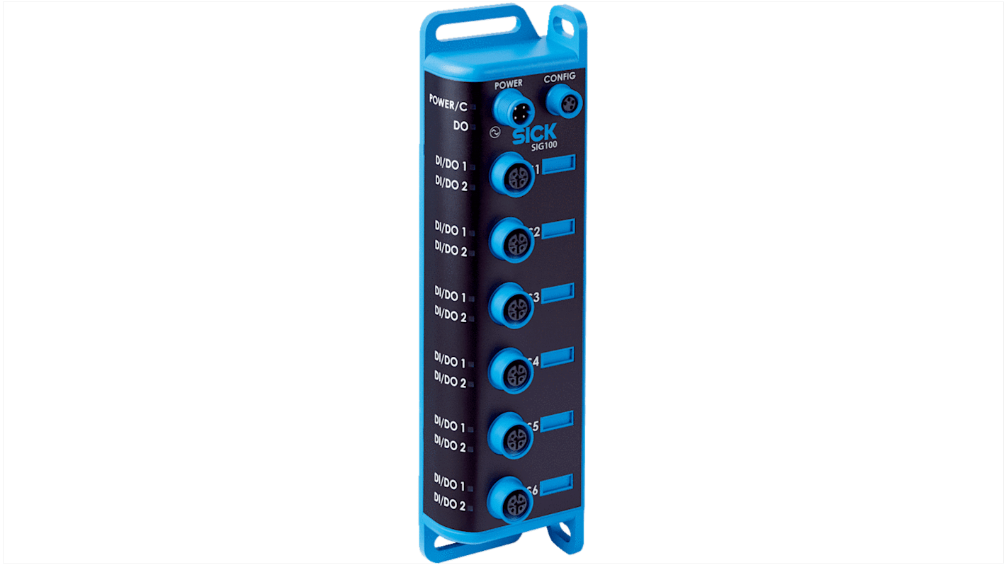 Scatola sensore Sick SIG100-0A0111100 con 6 porte IO-LINK, IP67, tensione 18-30V cc, custodia in ABS, peso 289g.
