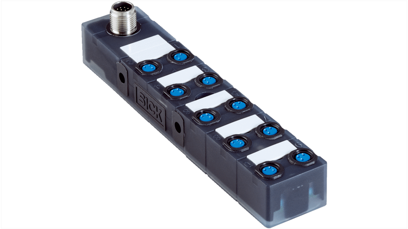 Scatola sensore Sick Y8A3AA2-C2AB000XXX, 10 porte, IP65/IP67, tensione 18-30V cc, temperatura -20/+55°C.