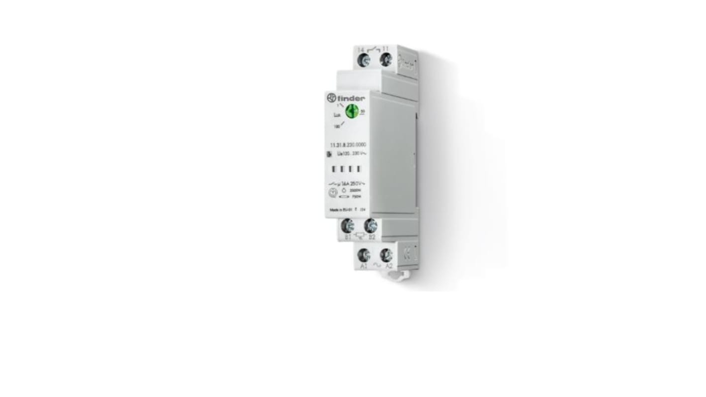 Finder 11.3.1.0.024.0000, interruttore crepuscolare per lampade, alimentazione 110-230 V, montaggio su guida DIN 35 mm, larghezza 17,5 mm.