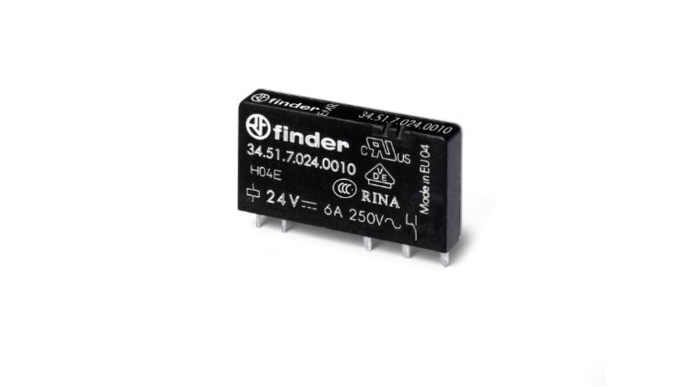 Finder 34.51, relè monostabile SPDT 24V cc, ultrasottile 5 mm, montaggio su guida DIN, corrente 6A, isolamento 6 kV.