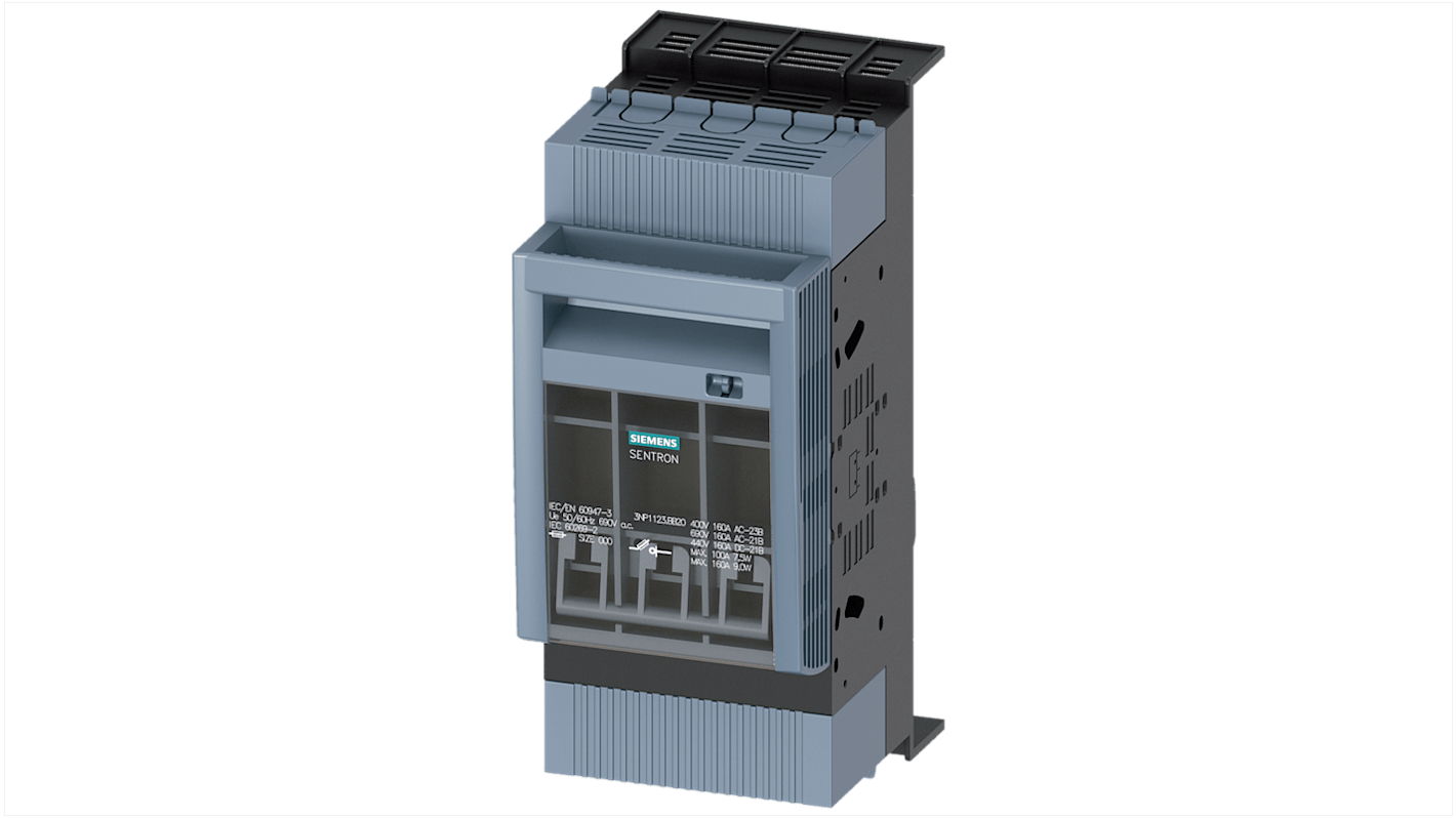 Sezionatore portafusibili Siemens 3NP1123-1BB20, 3 poli, 160 A, fusibile NH000, dimensioni 211,4 x 88,8 x 127,6 mm.