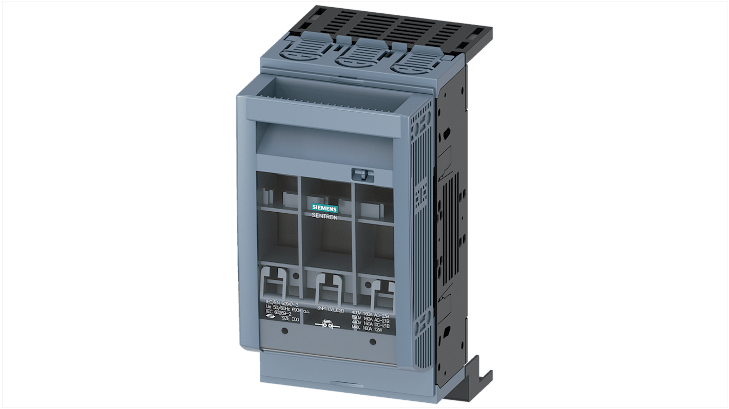 Sezionatore portafusibili Siemens 3NP1133-1JC20, 3 poli, 160 A, fusibile NH00, dimensioni 215,1 x 105,8 x 134,5 mm.