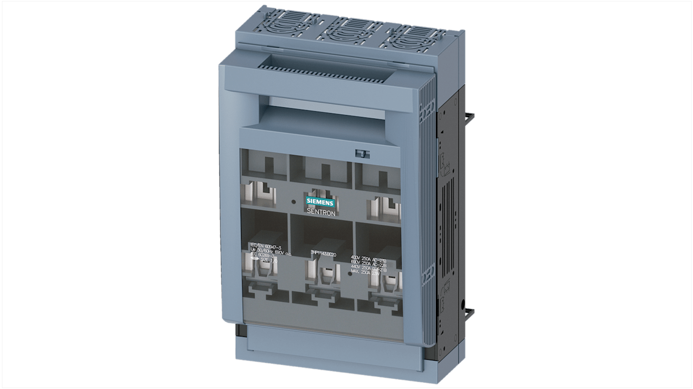 Sezionatore portafusibili Siemens 3NP1143-1BC20, 3 poli, 250 A, fusibile NH1, dimensioni 306 x 183,7 x 142,2 mm.