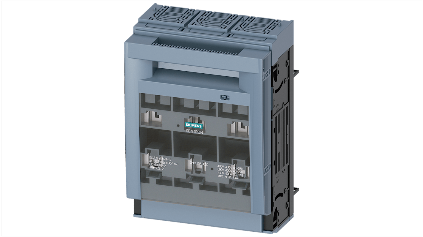 Sezionatore portafusibili Siemens 3NP1153-1BC20, 3 poli, 400 A, fusibile NH2, dimensioni 306 x 209,4 x 157 mm.