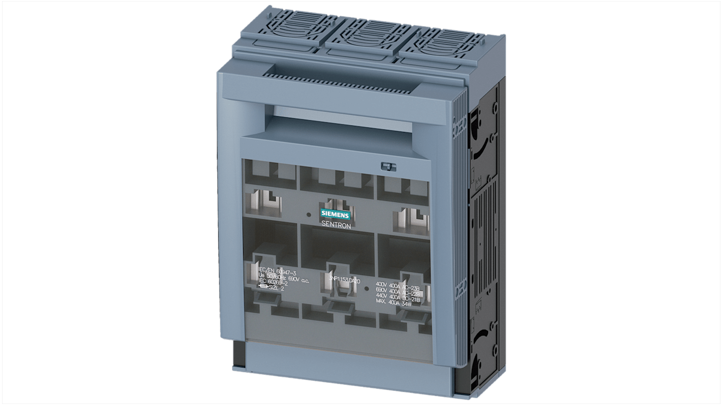 Sezionatore portafusibili NH2 Siemens 3NP1153-1DA20, 3 poli, 400 A, montaggio su piastra, dimensioni 306x209,4x130 mm.