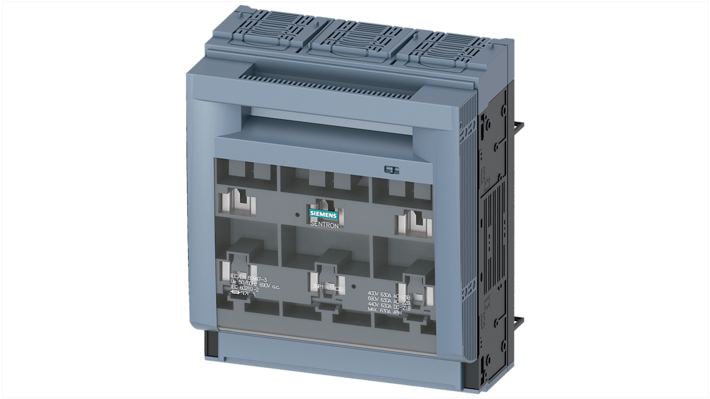 Sezionatore portafusibili Siemens 3NP1163-1BC20, 3 poli, 630 A, fusibile NH3, dimensioni 306 x 249,4 x 164,5 mm.