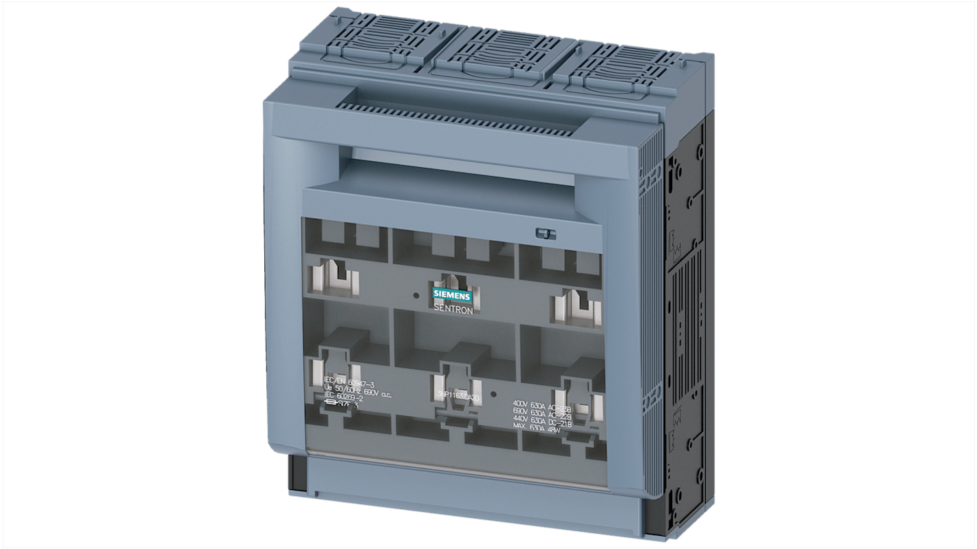 Sezionatore portafusibili Siemens 3NP1163-1DA20, 3 poli, corrente 630 A, per fusibili NH2/NH3, montaggio su piastra, dimensioni 306x249,4x138,5 mm.