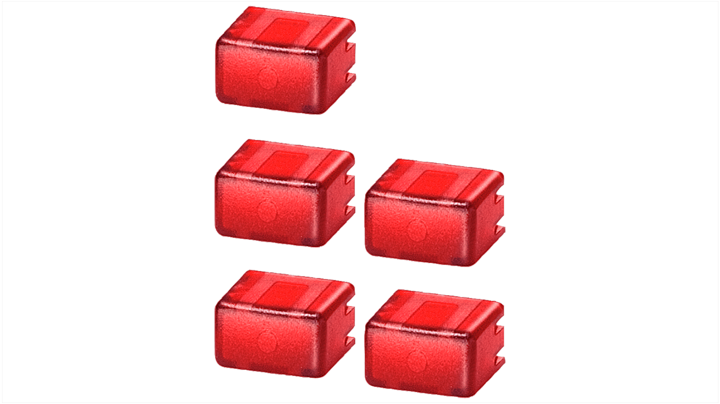 Coperchio pulsante Siemens 5TG8061, set di 5 tappi rosso-trasparenti per pulsanti serie 5TE48. Compatibile e funzionale.
