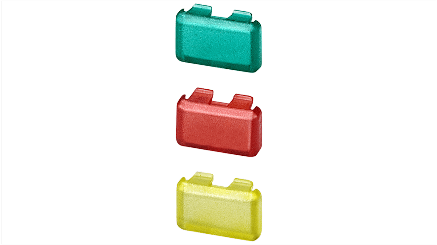 Coperchio pulsante Siemens 5TG8070 per spia 5TE48, disponibile in rosso, giallo, verde e trasparente. Accessorio industriale.