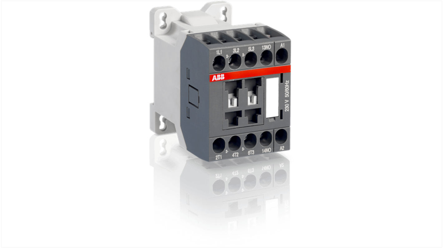 Contattore ABB 1SBL101001R2610 AS09-30-10-26 per controllo motori, 3 poli, 22 A, 230 V, dimensioni 45x72,5x68 mm.