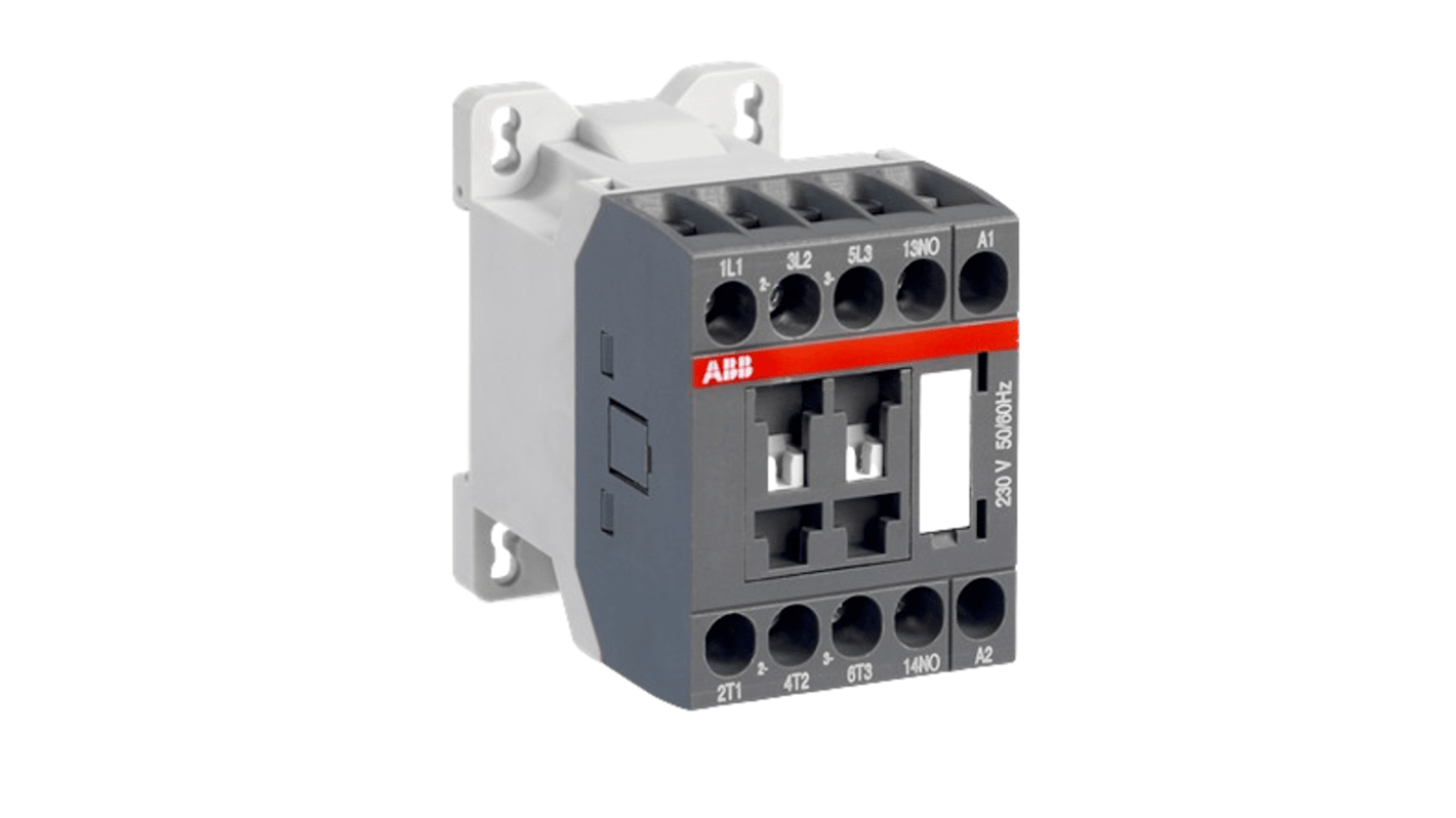 Contattore ABB 1SBL111001R2010 AS12-30-10-20 per controllo motori, 3 poli, 24 A, montaggio su guida DIN, dimensioni 78 x 80 x 48 mm.