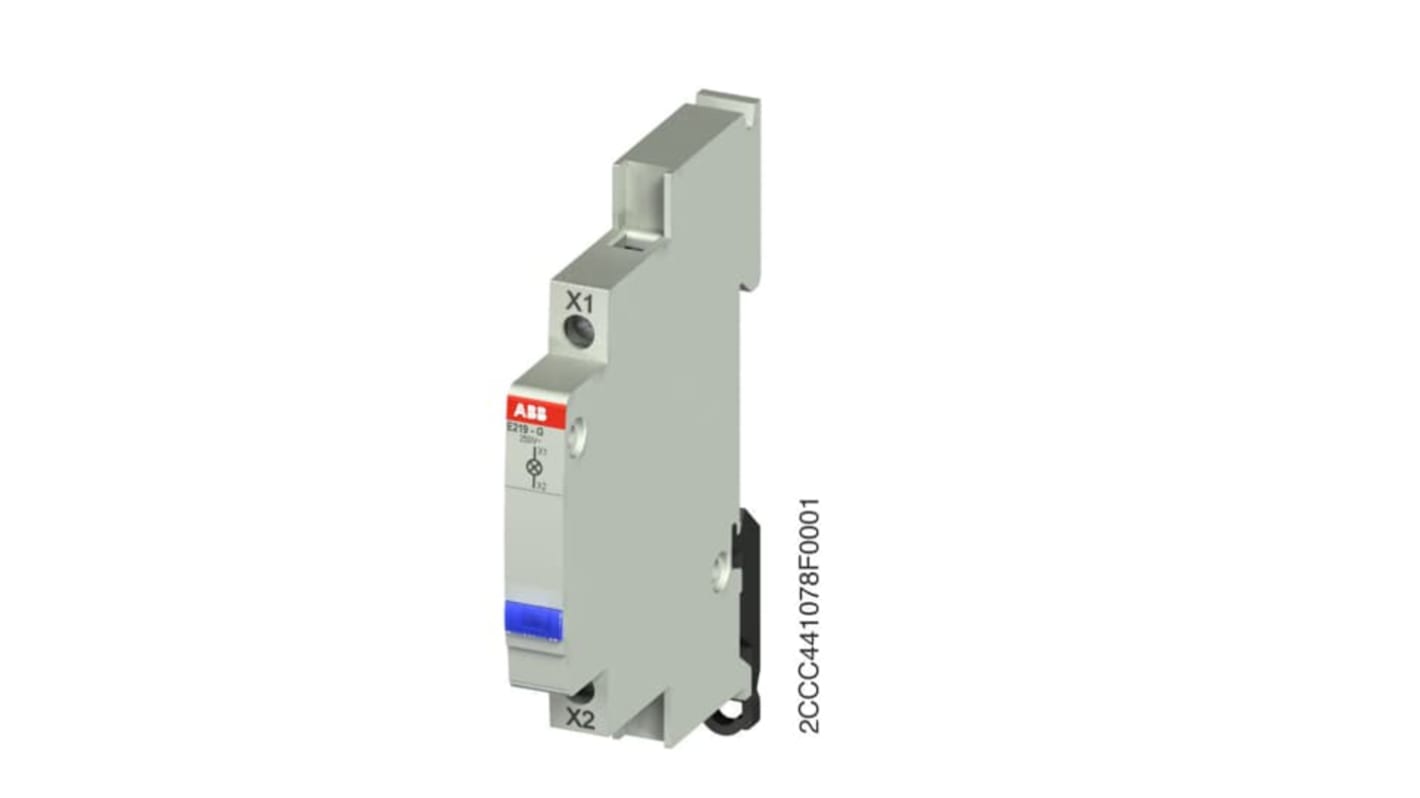 Indicatore LED blu ABB E219, montaggio a pannello, 48V, forma rettangolare, grado di protezione IP20.
