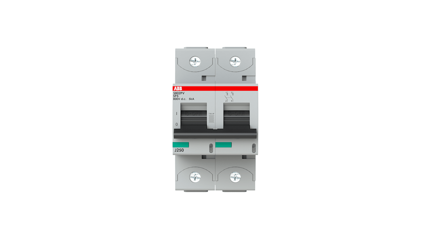 Interruttore magnetotermico ABB S802PV-SP5, 2 poli, 5A, montaggio su guida DIN, capacità di interruzione 5kA, IP20.