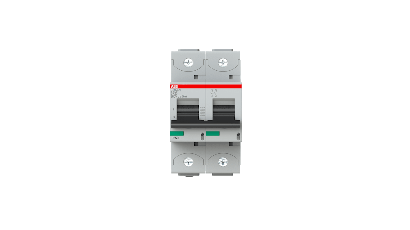 Interruttore magnetotermico ABB S802PV-SP20, 2 poli, 20A, 5 kA, montaggio su guida DIN, grado di protezione IP20.