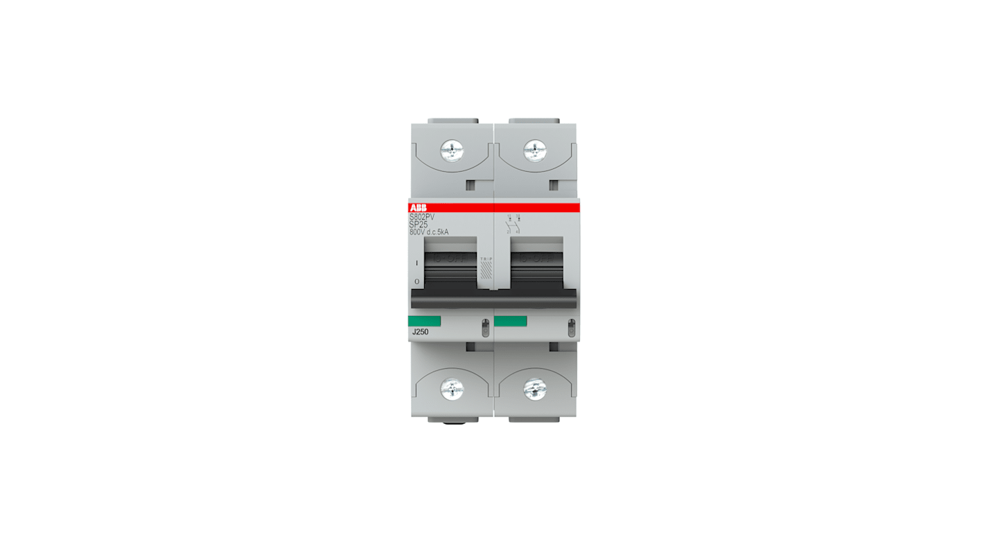 Interruttore magnetotermico ABB S802PV-SP25, 2 poli, 25A, 5 kA, montaggio su guida DIN, grado di protezione IP20.