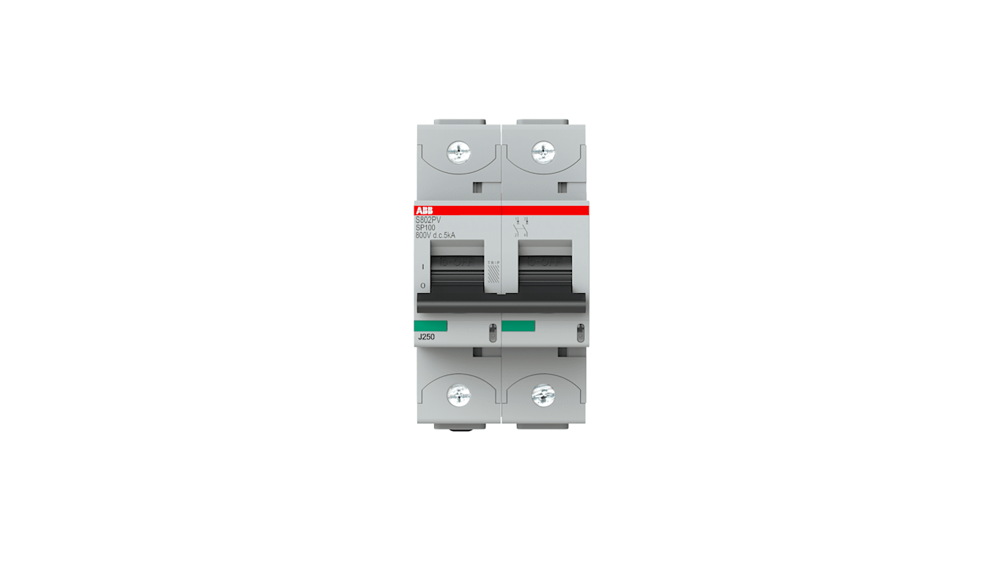 Interruttore magnetotermico ABB S802PV-SP100, 2 poli, 100A, 5kA, montaggio su guida DIN, grado di protezione IP20.