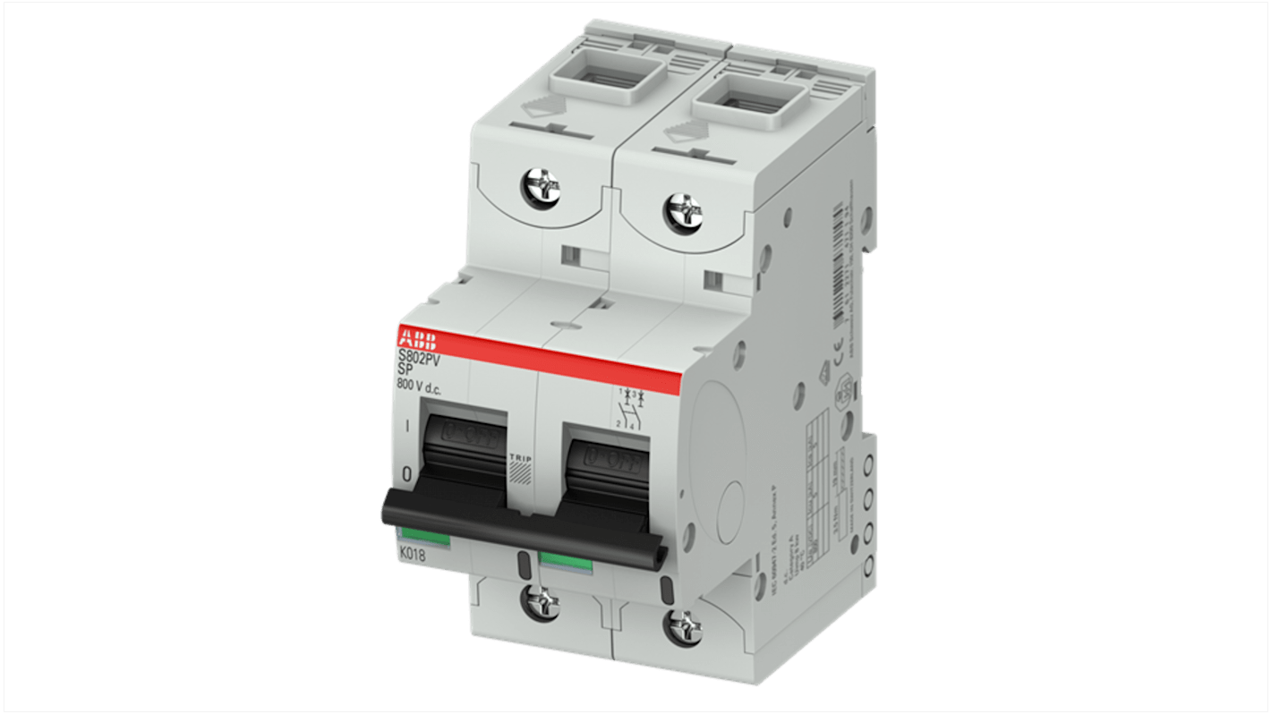 Interruttore magnetotermico ABB S802PV-SP125, 2 poli, 125A, montaggio su guida DIN, capacità di interruzione 5kA, IP20.