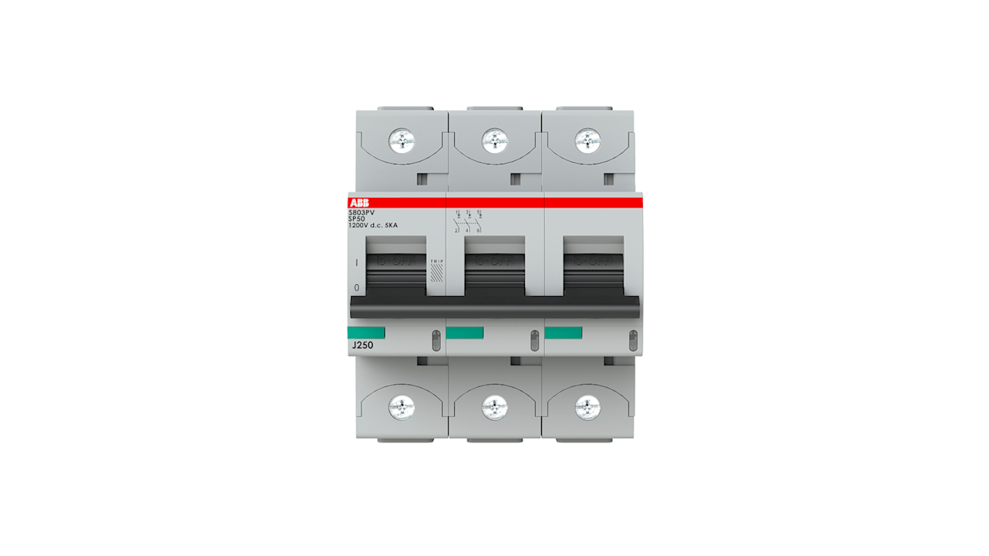 Interruttore magnetotermico ABB S803PV-SP50, 3 poli, 50A, montaggio su guida DIN, capacità di interruzione 5kA, IP20.