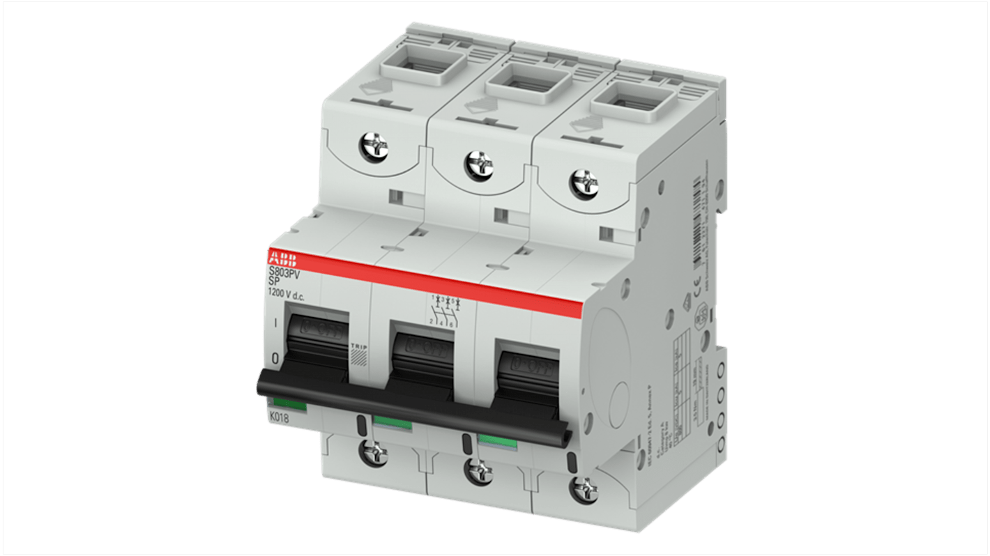 Interruttore magnetotermico ABB S803PV-SP125, 3 poli, 125A, montaggio su guida DIN, capacità di interruzione 5kA.