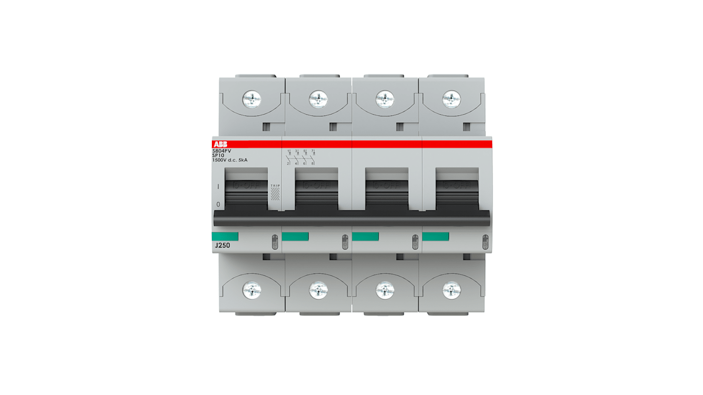 Interruttore magnetotermico ABB S804PV-SP10, 4 poli, 10A, montaggio su guida DIN, capacità di interruzione 5kA, IP20.