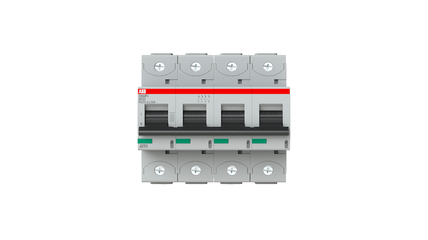 Interruttore magnetotermico ABB S804PV-SP20, 4 poli, 20A, montaggio su guida DIN, capacità di interruzione 5kA, IP20.