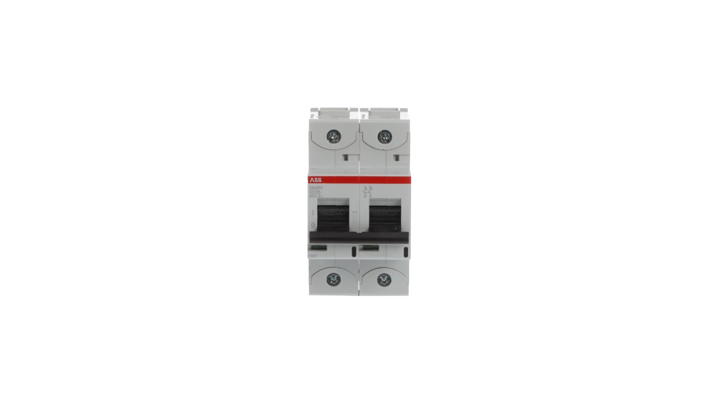 Interruttore magnetotermico ABB S802PV-SD125, 2 poli, 125A, montaggio su guida DIN, protezione IP20, capacità di interruzione 1,5 kA.