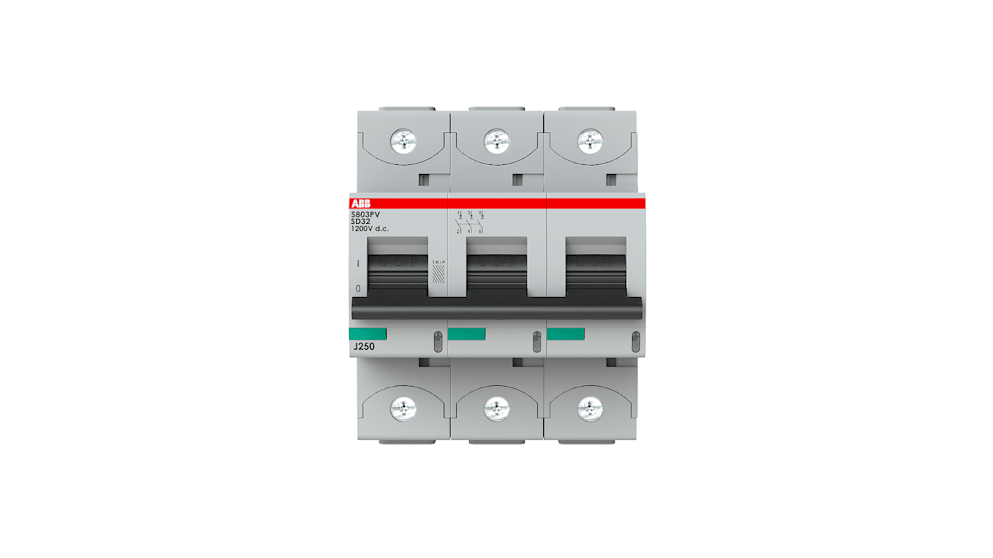 Interruttore magnetotermico ABB S803PV-SD32, 3 poli, 32A, montaggio su guida DIN, grado di protezione IP20.