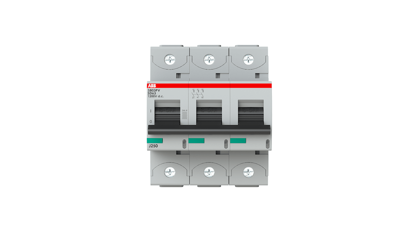 Interruttore magnetotermico ABB S803PV-SD63, 3 poli, 63A, montaggio su guida DIN, capacità di interruzione 1,5 kA, IP20.