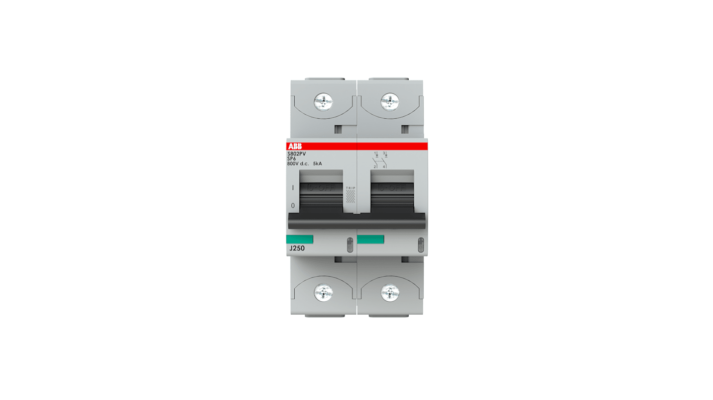 Interruttore magnetotermico ABB S802PV-SP6, 2 poli, 6A, montaggio su guida DIN, capacità di interruzione 5 kA, IP20.
