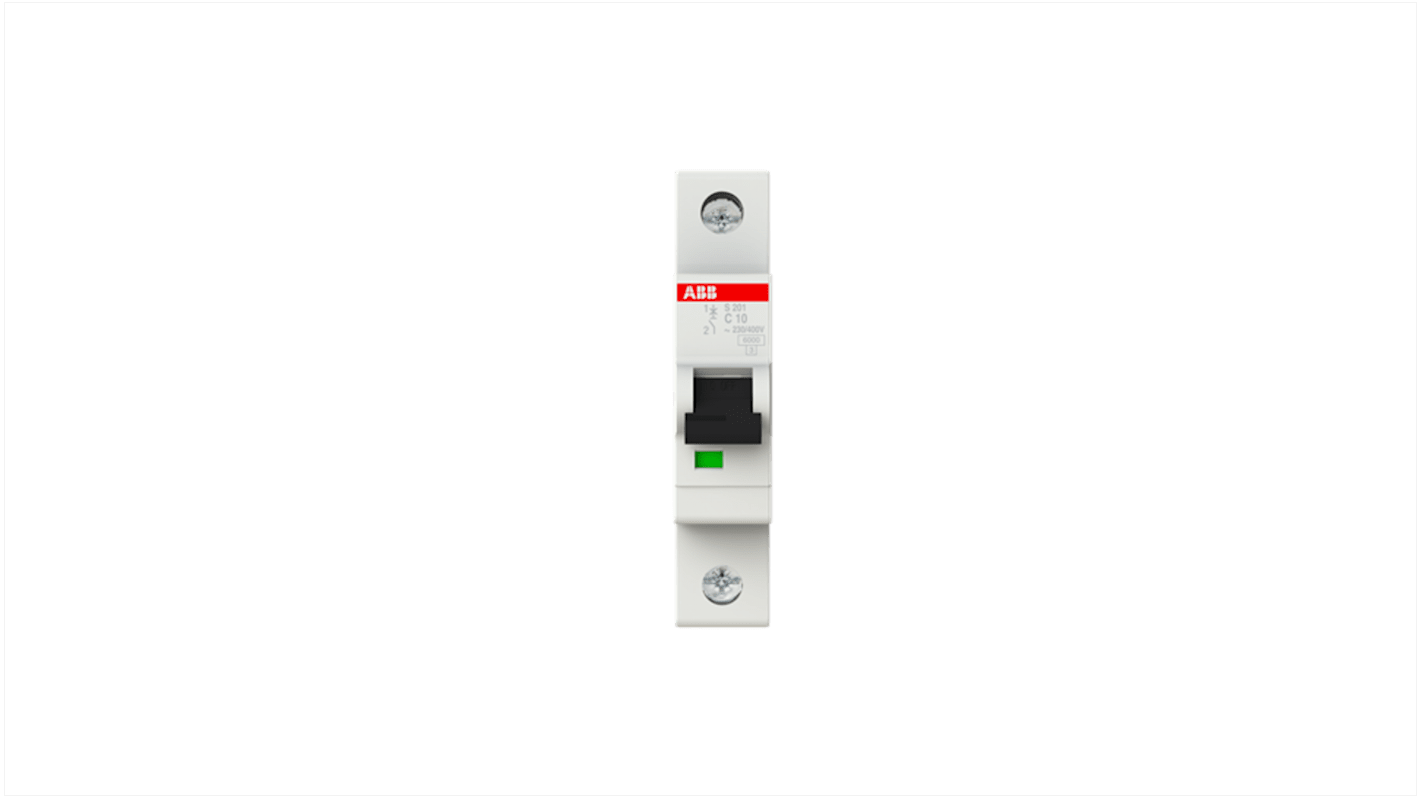 Interruttore magnetotermico ABB Tipo C 10A, 1P, montaggio su guida DIN, dimensioni 17.5mm x 69mm x 88mm, grado di protezione IP20.