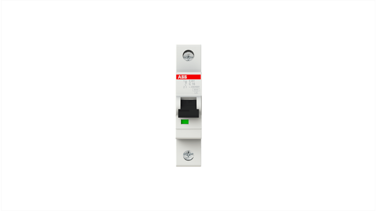 Interruttore magnetotermico ABB S201 C, 1P, 16A, 6 kA, montaggio su guida DIN, dimensioni 69mm x 88mm.