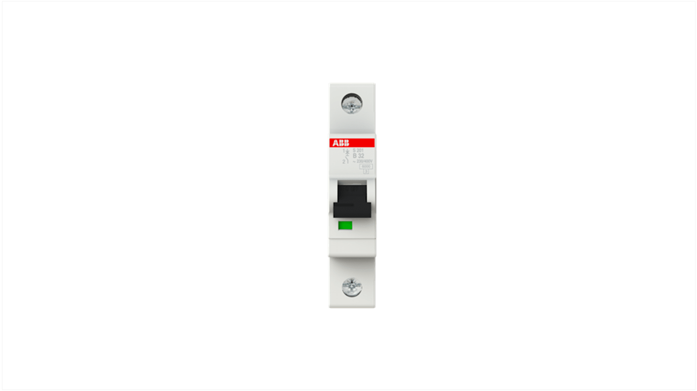 Interruttore magnetotermico ABB S201 B 32A, Tipo B, montaggio su guida DIN, protezione IP20, meccanismo di scatto per sovraccarichi e cortocircuiti.