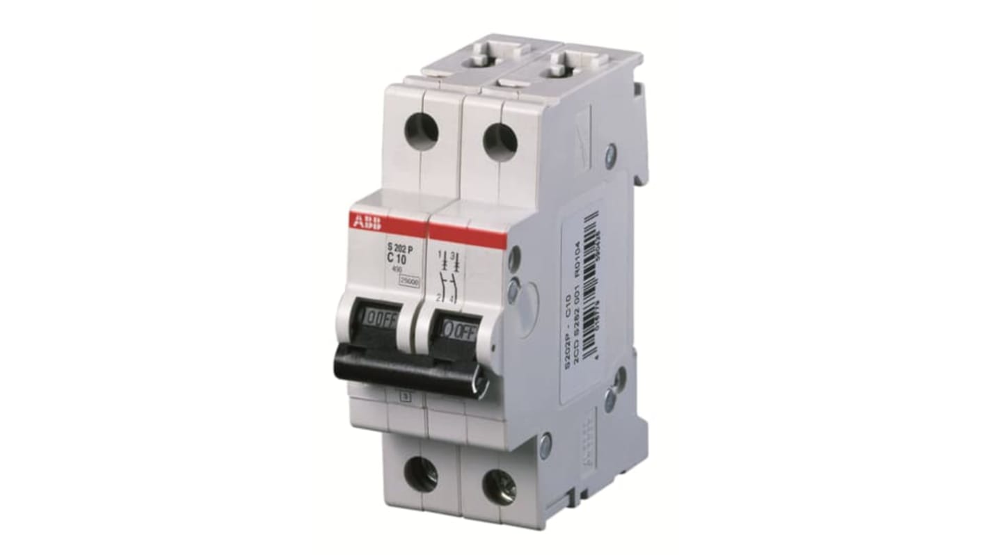 Interruttore magnetotermico ABB 2P, 6A, Tipo C, montaggio su guida DIN, grado di protezione IP20, sistema Pro M Compact.