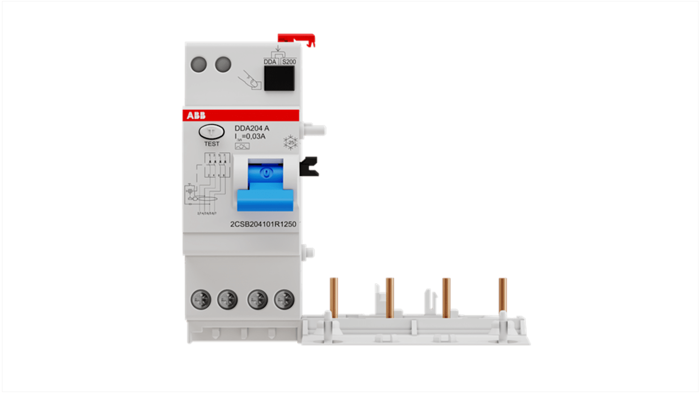 ABB RCD DDA204, 4 poli, 25A, sensibilità 30mA, montaggio su guida DIN, per protezione da correnti di guasto.