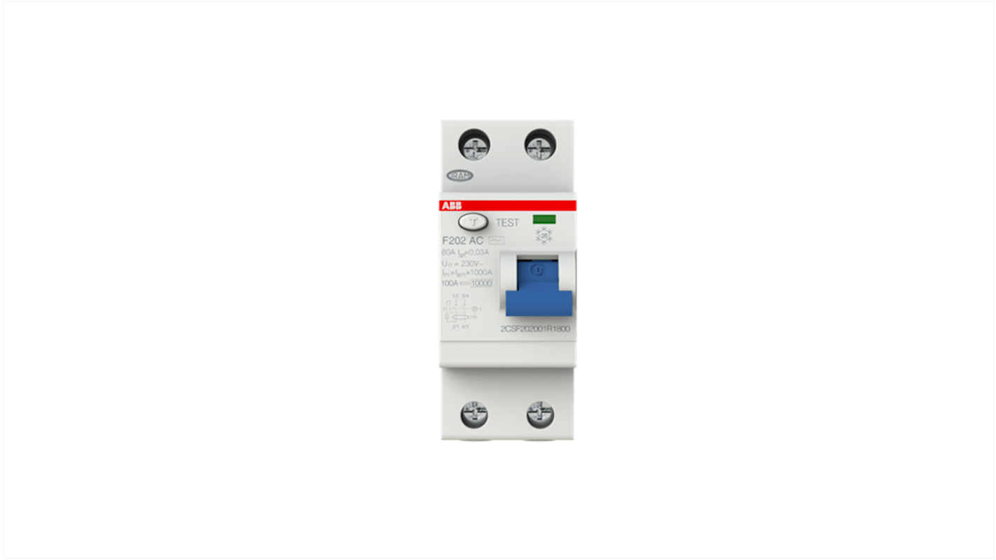 Interruttore differenziale ABB F200, 2 poli, 80A, 30mA, tipo AC, montaggio su guida DIN, protezione contro guasti a terra.